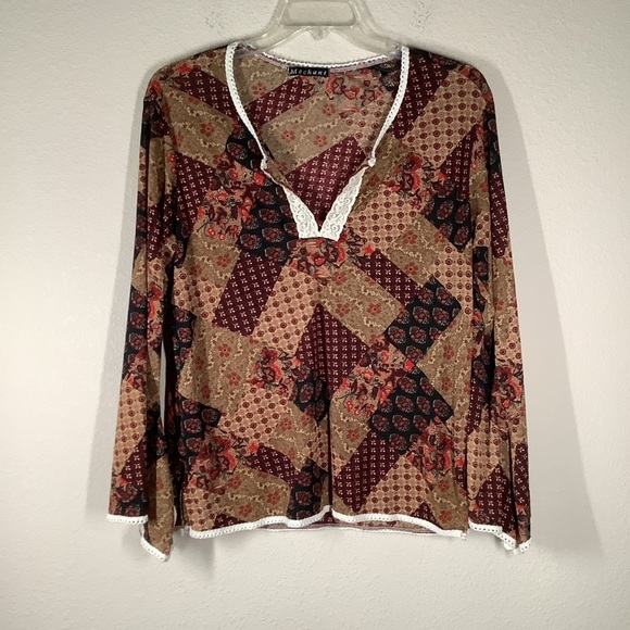 VINTAGE Plus Size Patchwork Blouse Top Brown Floral Boho Hippie Retro 70s 1X - Picture 6 of 9